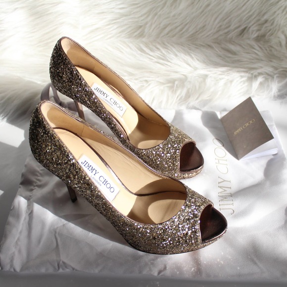 Jimmy Choo Shoes - Jimmy Choo Luna Antique Gold Glitter Peep Toe Metallic Pump 36